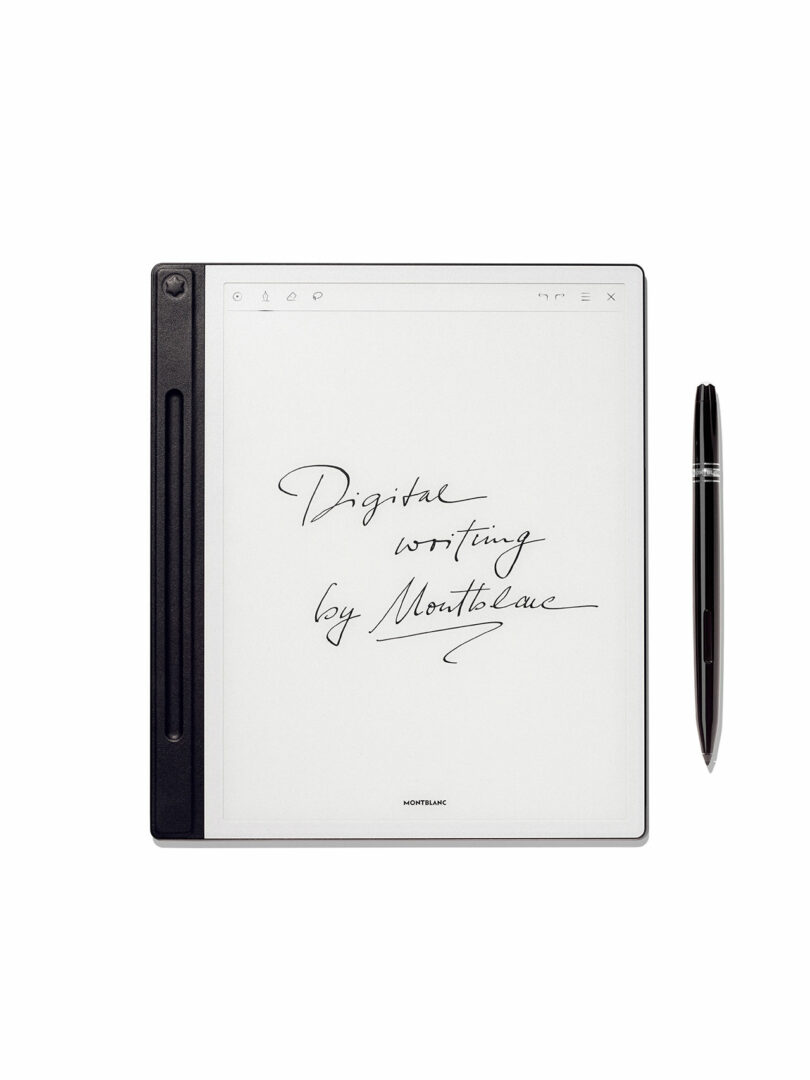 A digital notepad displaying handwritten text alongside the Montblanc stylus.