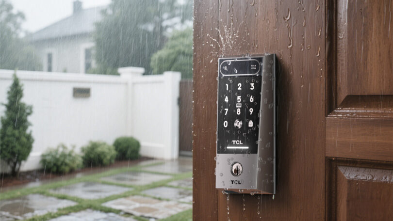 The TCL D2 Pro smart lock installed on a wooden door during a rainstorm.