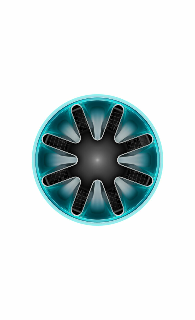 Top view of the Dyson HushJet's star-shaped fan nozzle with six curved slots.
