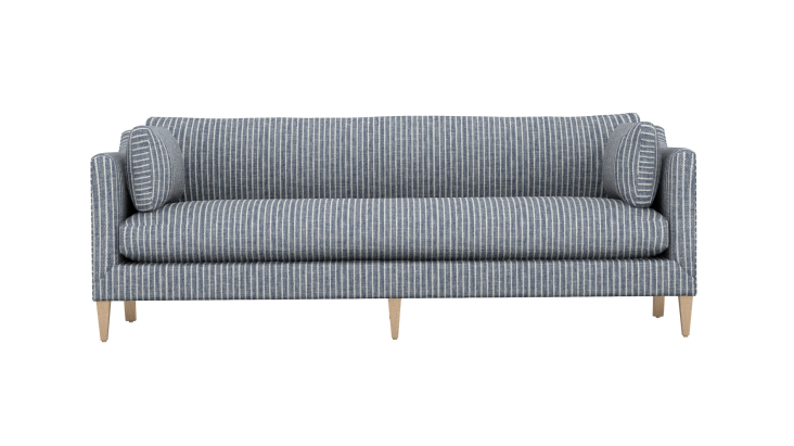 A light blue and white ticking stripe sofa from One Kings Lane.