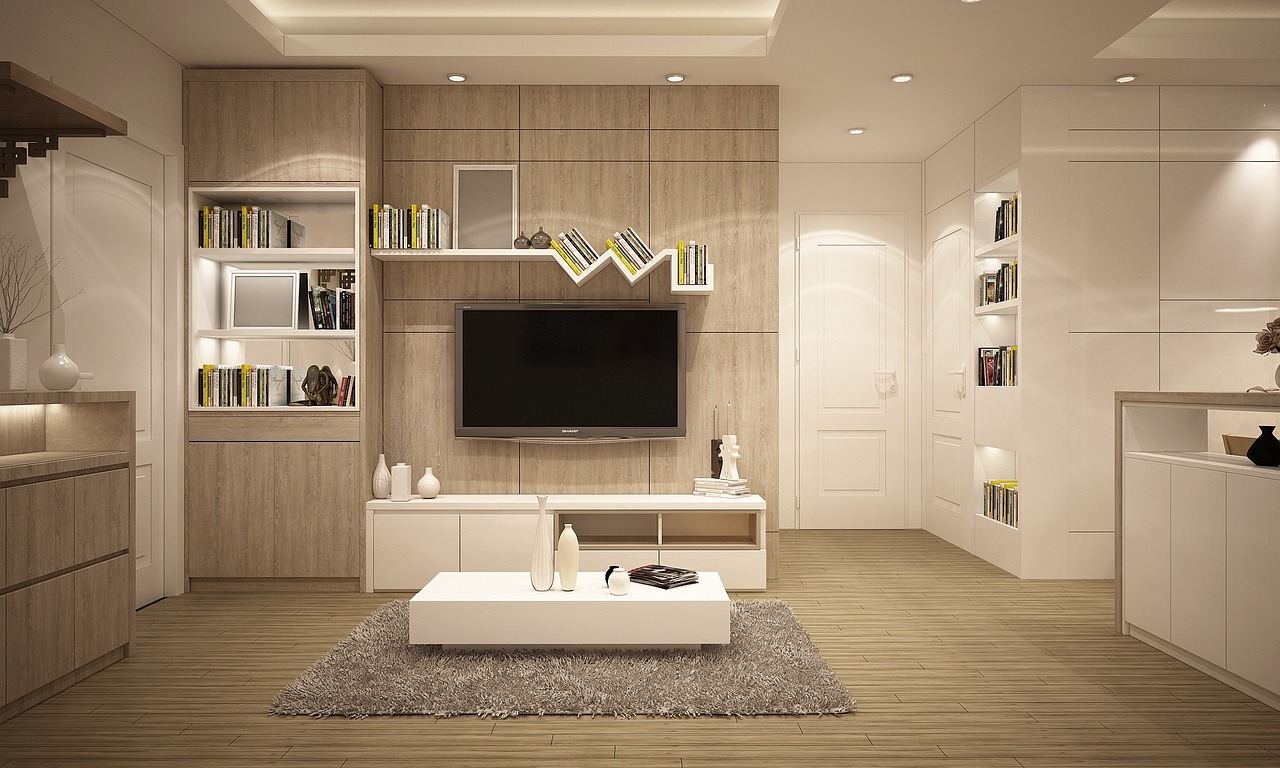 A wide shot of a living room showing the spatial distance between the seating area and the TV.