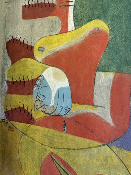One of the colorful modernist murals painted by Le Corbusier on the white walls of Villa E-1027.