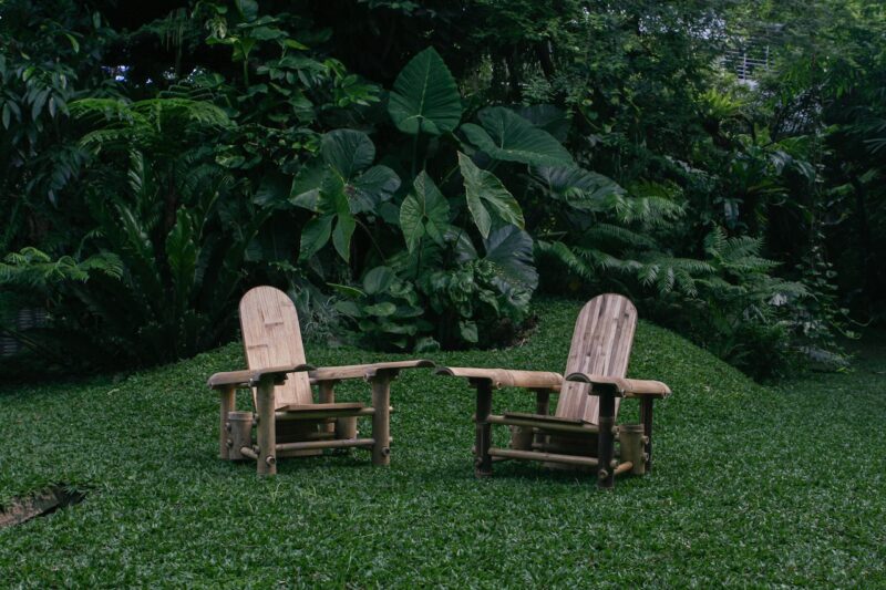 Two wooden chairs on a green lawn surrounded by dense tropical foliage.