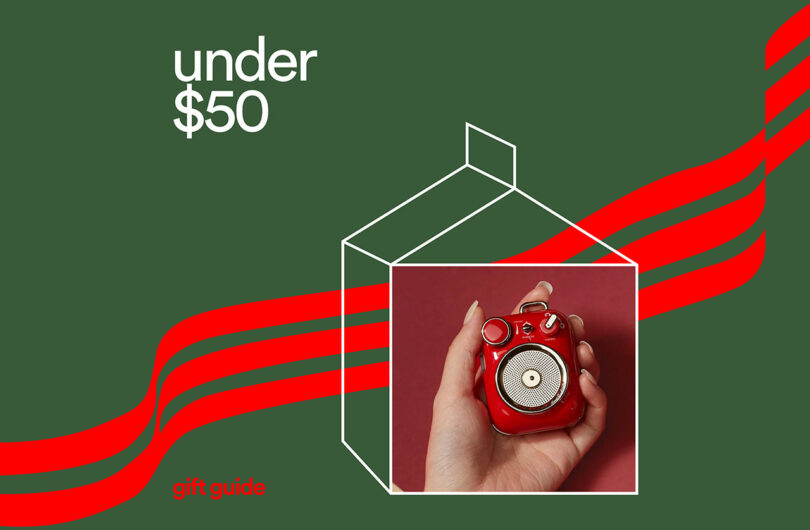 A hand holding a small red radio with the text 'under $50' in a stylized gift guide layout.