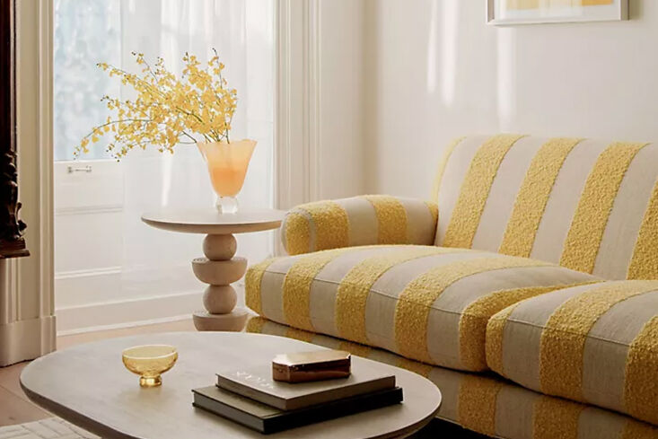Anthropologie Cecilia Willoughby Two-Cushion Sofa with neutral bouclé stripes.