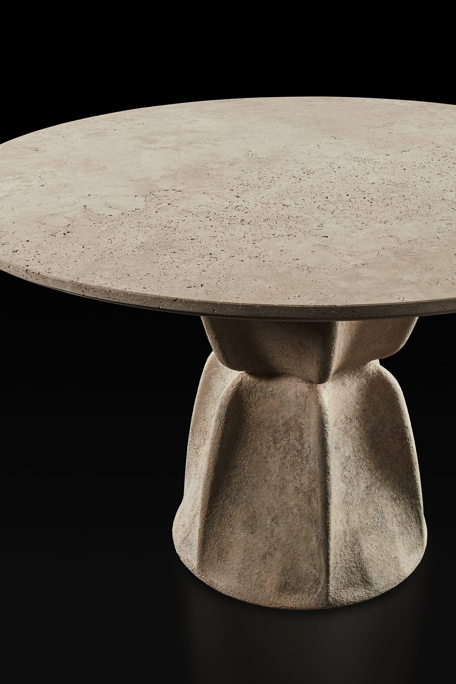 Extreme close-up of a textured metallic table surface with layered geological patterns.