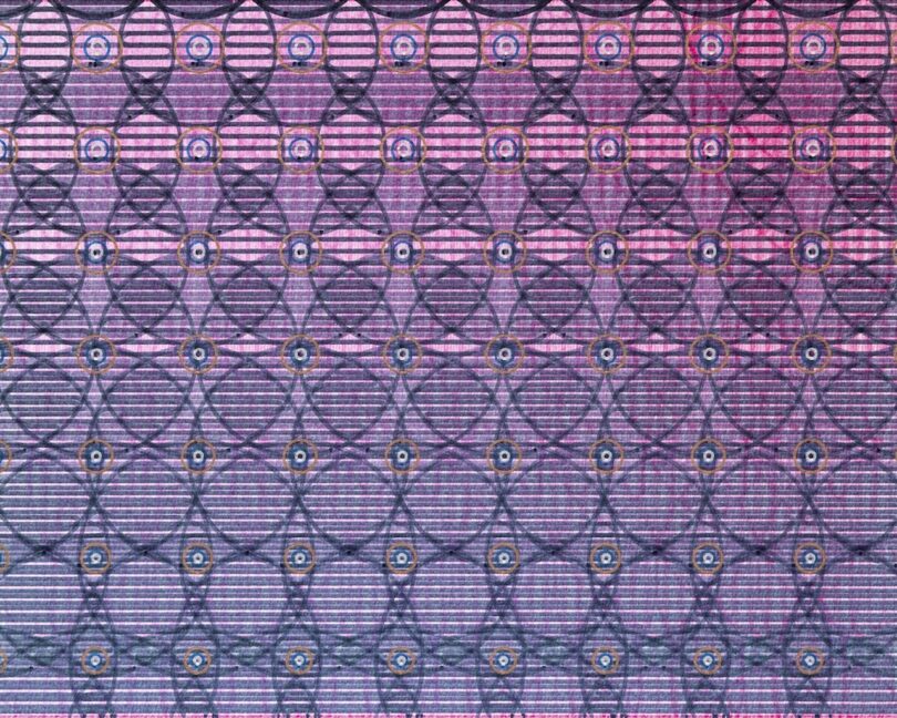 A repetitive geometric pattern of intersecting blue and pink circles forming a grid-like design.