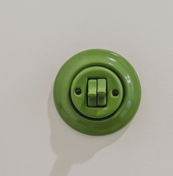 Close-up of a double porcelain light switch in Nitor Chlora green.