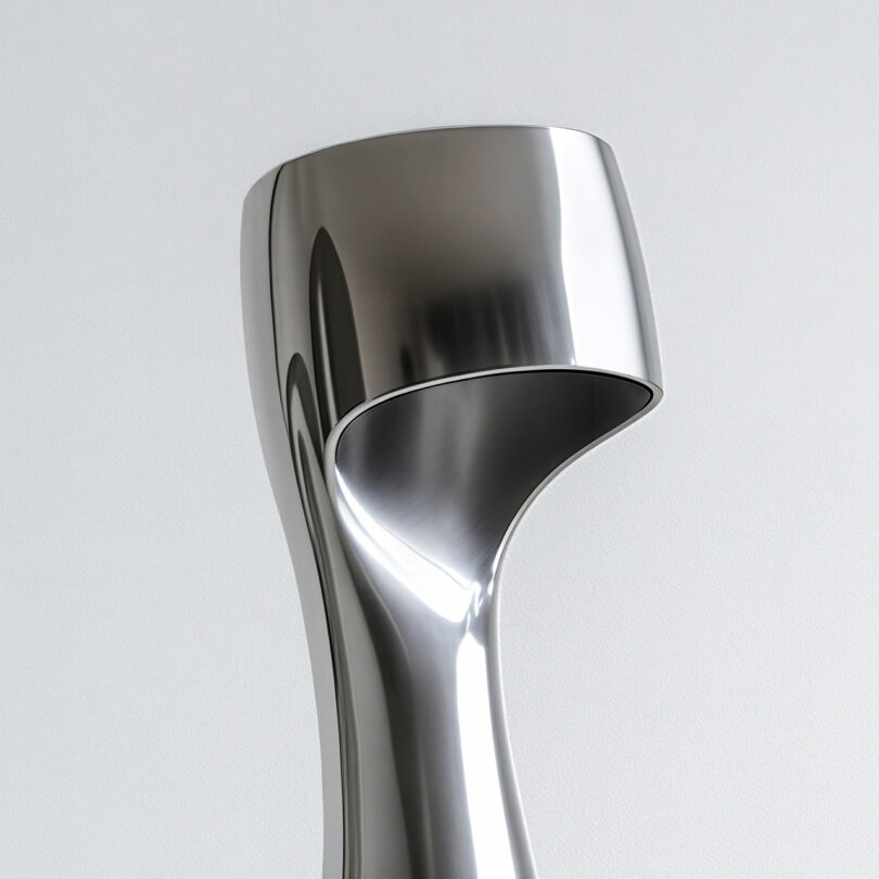 Close-up of a polished metallic sculpture with smooth, undulating surfaces.