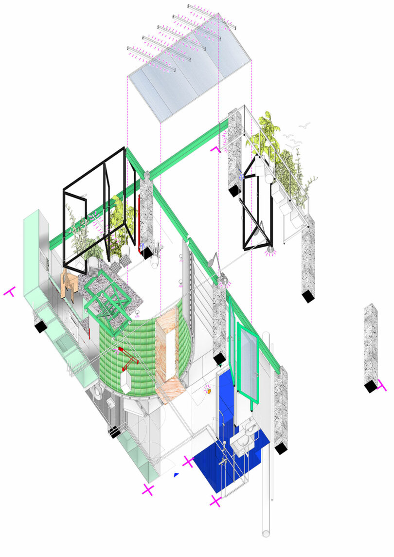 Isometric architectural diagram showing the layered components of the green-themed structure.