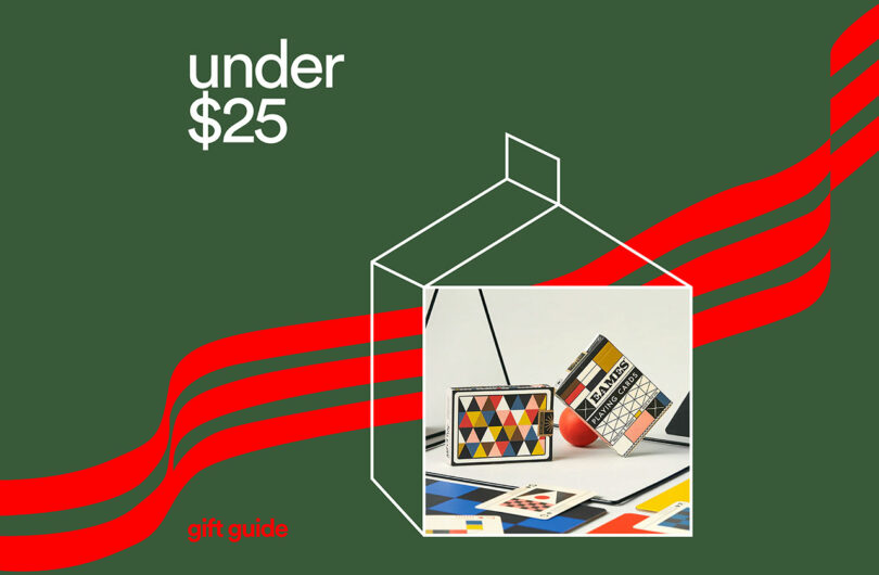 Graphic with geometric shapes and the text 'under $25 gift guides' on a green background.