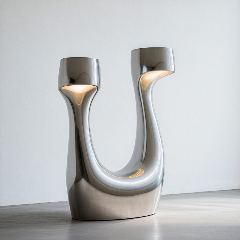 A polished metal floor lamp with two upward-curving arms and integrated light sources.