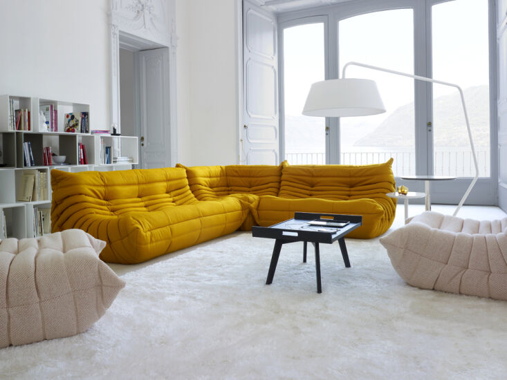 A collection of different Togo modules including the corner seat and loveseat linked together.