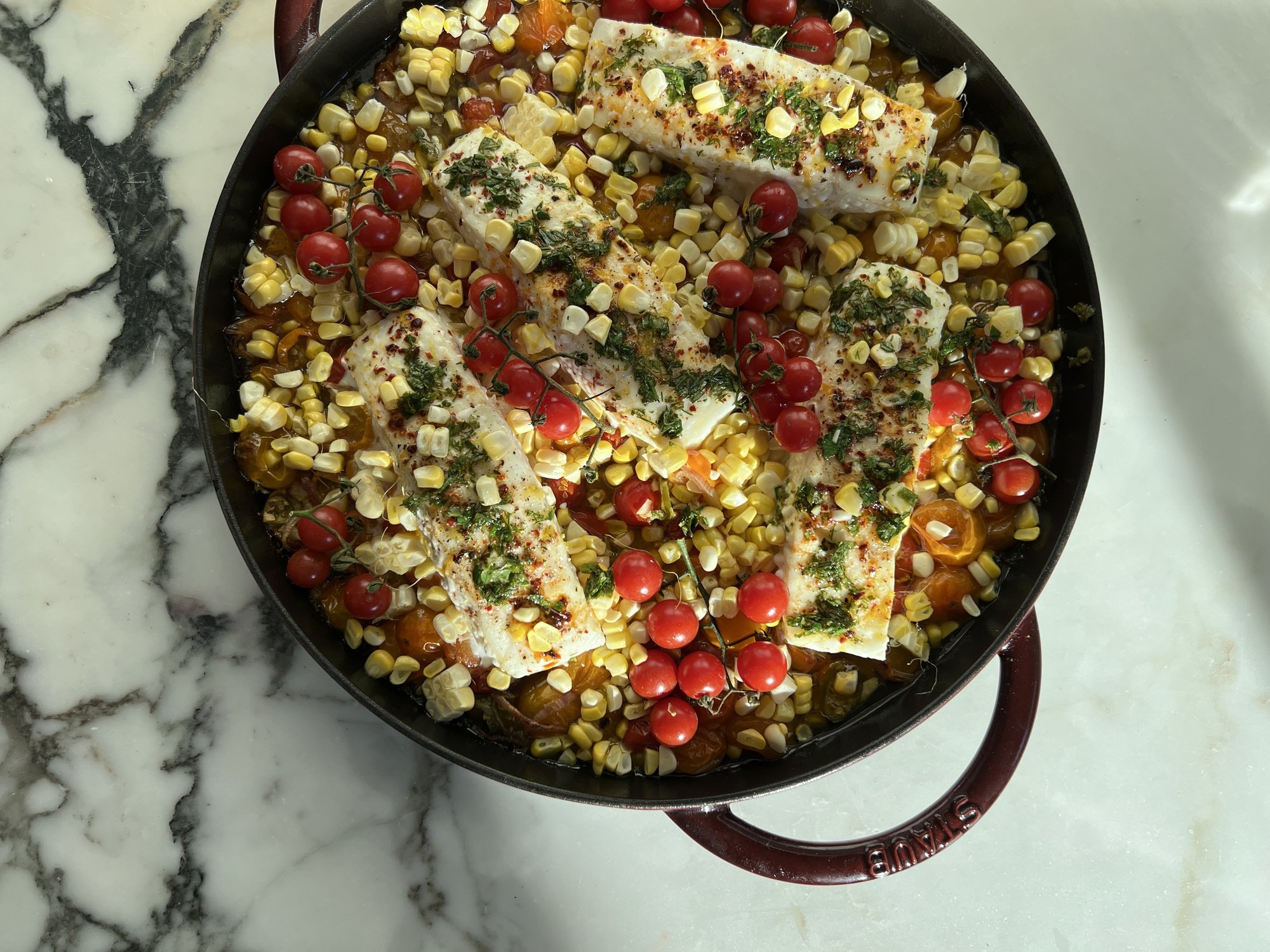 Easy One-Pan Grilled Halibut with Sun Gold Tomatoes and Salsa Verde