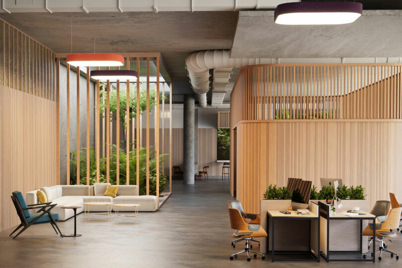 Modern office interior with wooden accents, indoor plants, and comfortable seating areas.