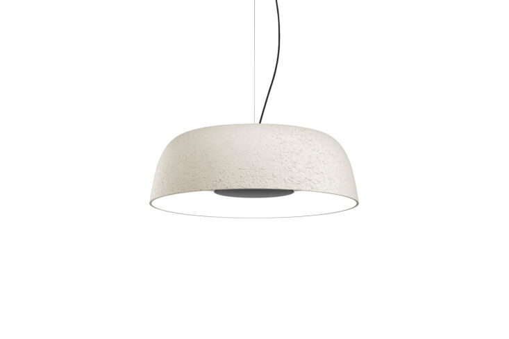 A wide, shallow bowl-shaped pendant light with a textured surface.