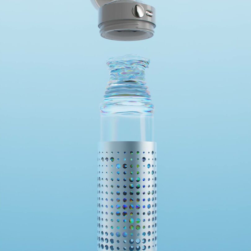 A metallic water bottle with its cap floating above a wavy glass neck against a blue background.