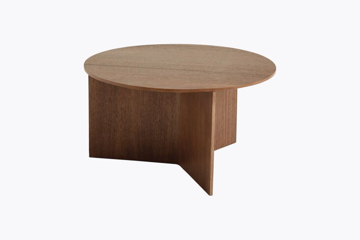 HAY Wood Slit Coffee Table in walnut showing the unique folded wood design on the base.