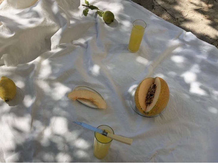 A slice of melon and a glass of juice arranged elegantly on a cloth-covered surface.