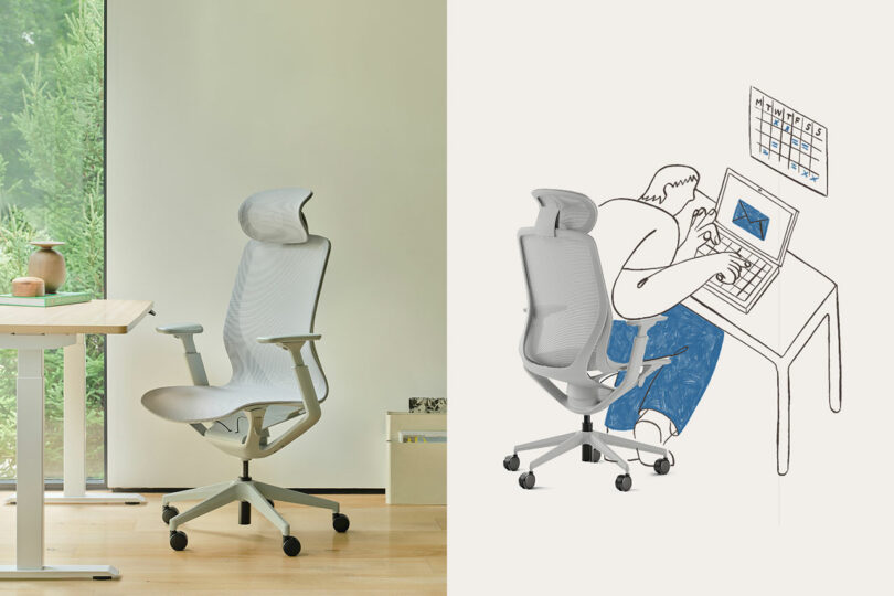 A white ergonomic office chair in a bright room with an illustration of a person sitting with proper posture.