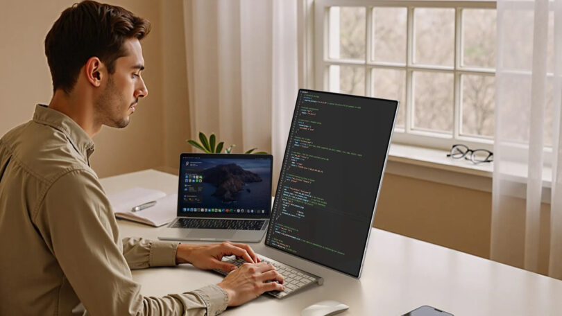 A workspace featuring a large vertical monitor setup for coding and multitasking.