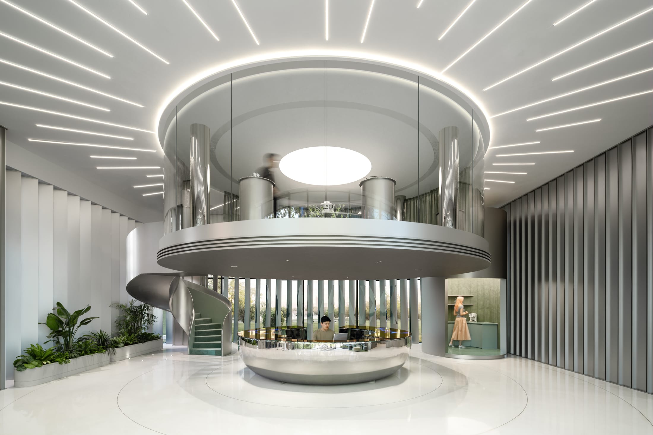 Wide-angle view of the 28-foot high lobby showcasing the vertical flow and central structural elements.
