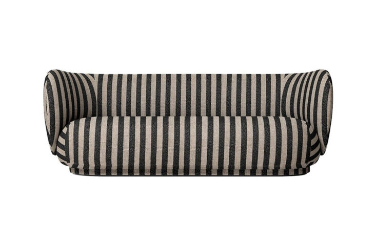 Ferm Living Rico 3-Seater Sofa featuring a curved back and sand/black thin stripes.
