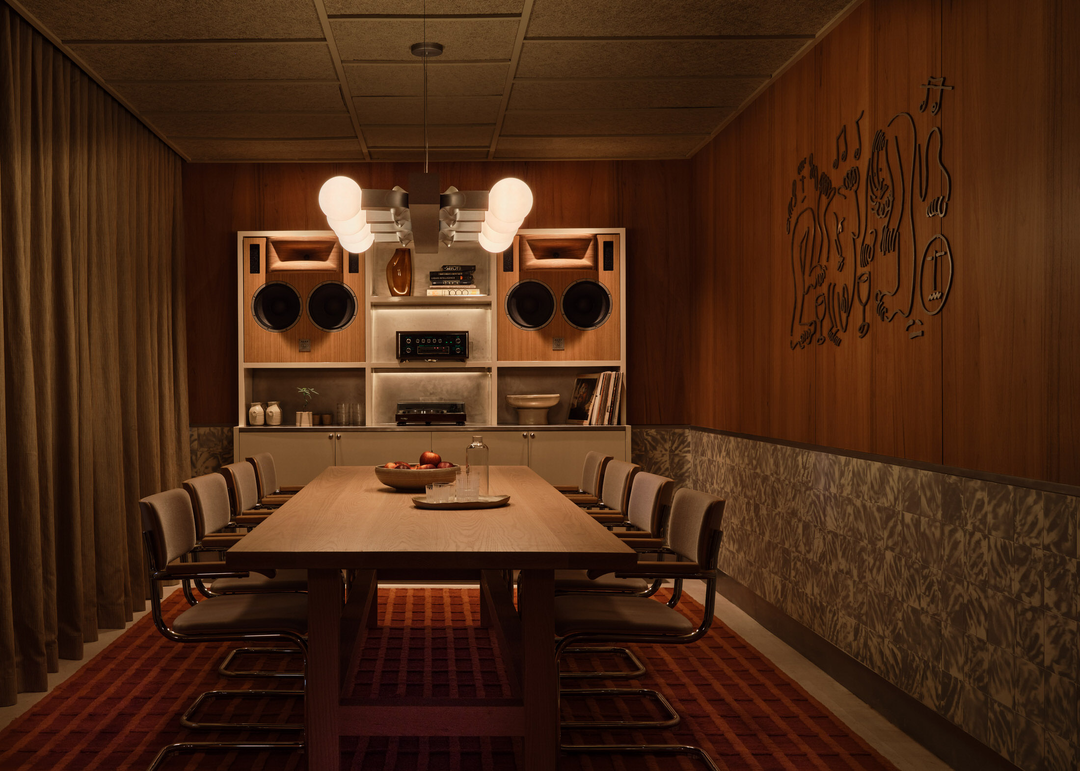 Main bar area of Bar Bon Funk with high stools and vibrant lighting.