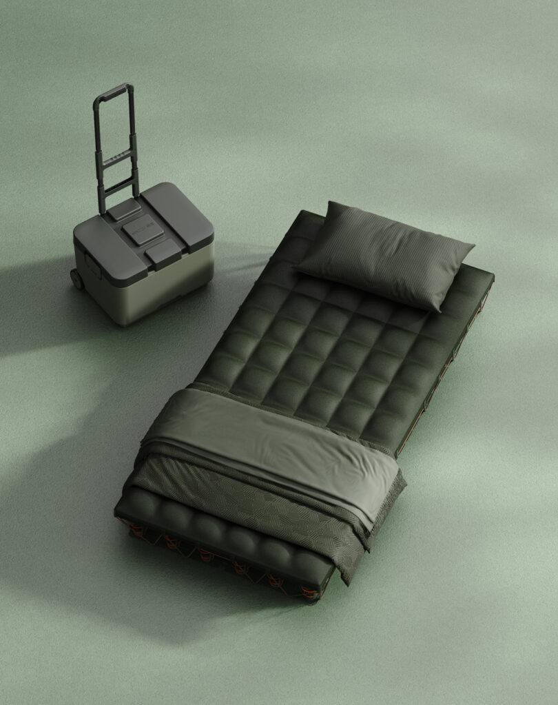 The MAZZU mattress set up next to its modular storage container on a studio background.