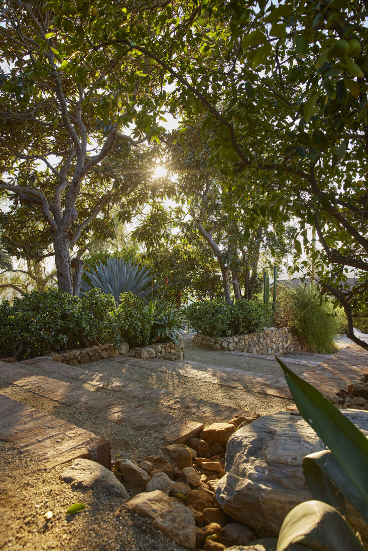 A garden path made of Mexican bricks, sandstone, and decomposed granite.