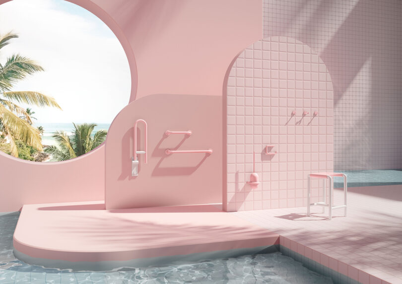 A minimalist pink bathroom with accessibility rails and a bench by a pool area seen through a circular window.