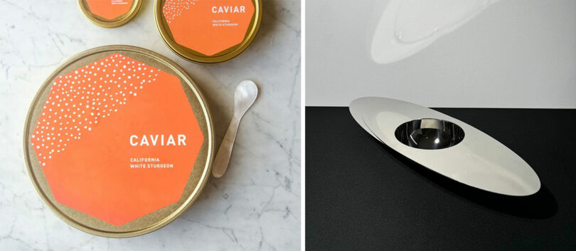 A tin of caviar on marble next to a reflective modern dish on a black table.