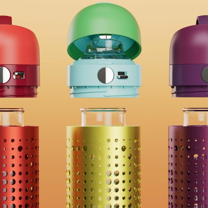 Three OKAPA glass bottles with different colored perforated sleeves and matching caps.