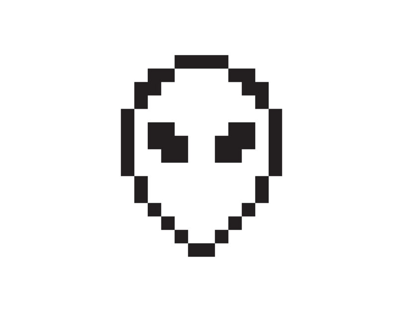 Pixelated alien face icon in black and white.