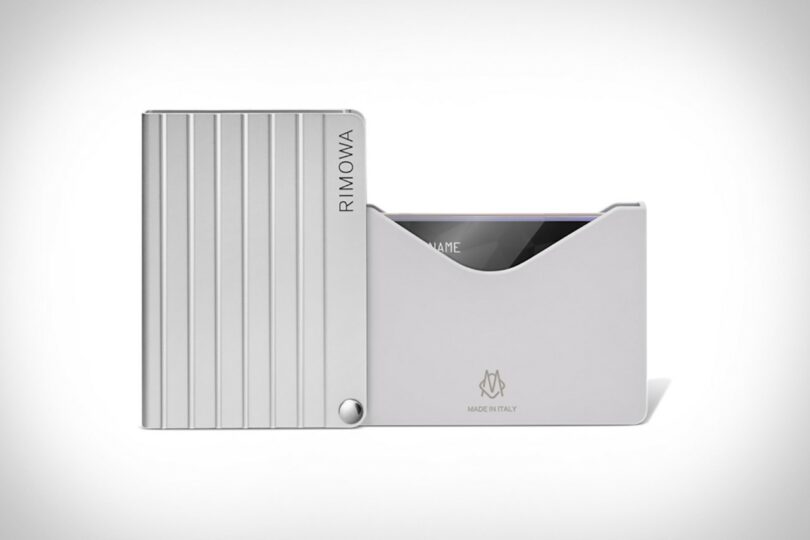 A sleek, grooved aluminum card holder with RFID shielding.