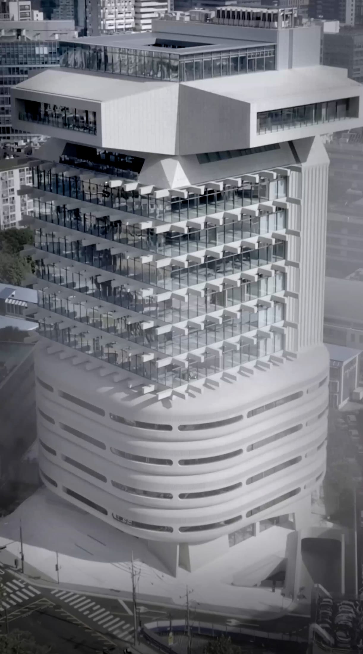 The exterior facade of the 14-story Haus Nowhere building in Seoul.