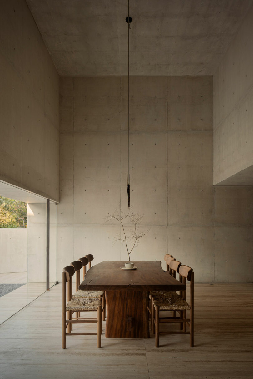 Minimalist dining room with a long wooden table, concrete walls, and large windows revealing greenery.