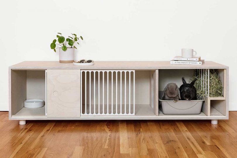 Front view of a minimalist wooden credenza with circular openings for rabbit access.