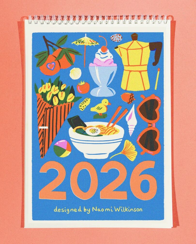 A colorful 2026 calendar cover featuring playful illustrations of food, drinks, and summer accessories.