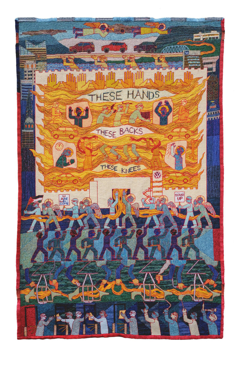 A vibrant tapestry from the Take 5 collection celebrating human unity and strength through artistic figures.