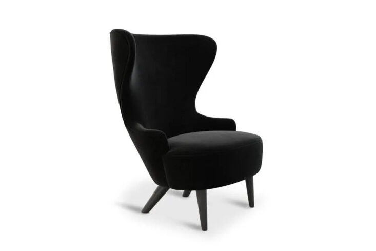 Tom Dixon Wingback Micro Chair in black wool fabric with black oak legs.