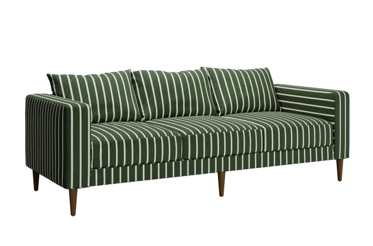 The Sabai Essential Sofa in a muted 'Field' green stripe hemp blend.