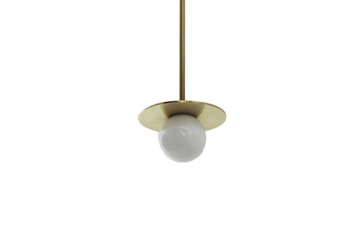 A compact disc-shaped pendant light with a spherical glass bulb focused for downward lighting.