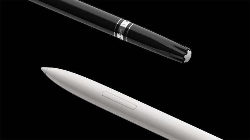 A black fountain pen and a white digital stylus shown together on a black background.
