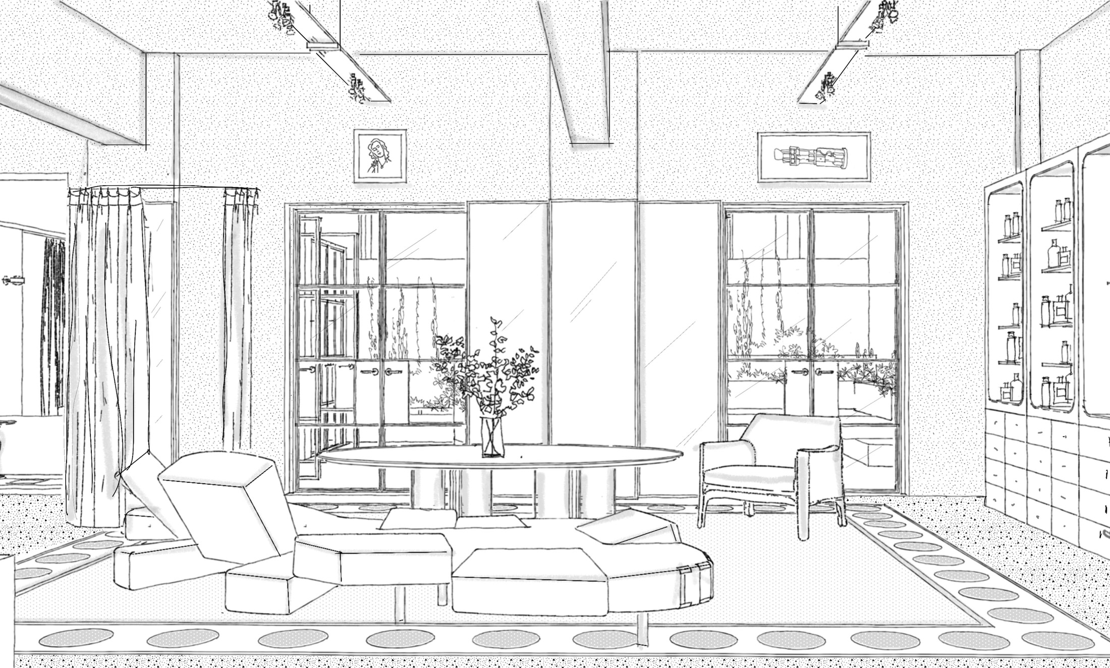 Architectural sketch of a lounge and workspace area by Studio Manifold.