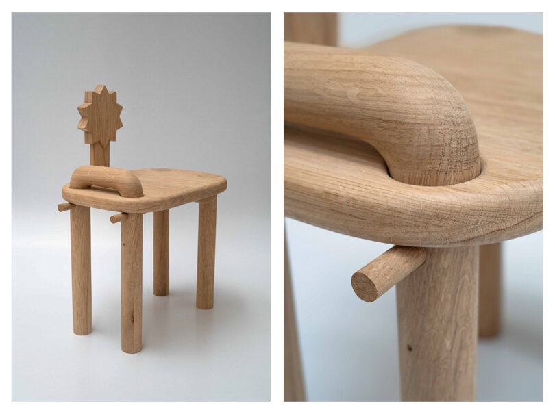 A light wood chair with thick cylindrical legs and a round-edged backrest featuring a sun-shaped carving.