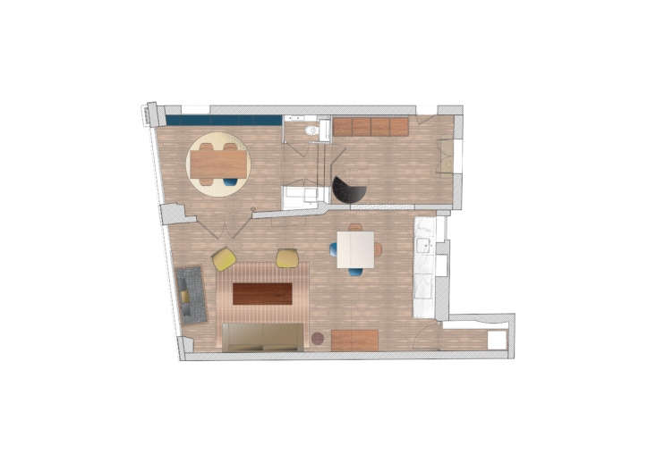 Architectural floor plan drawing of the duplex's ground floor showing the kitchen and living layout.