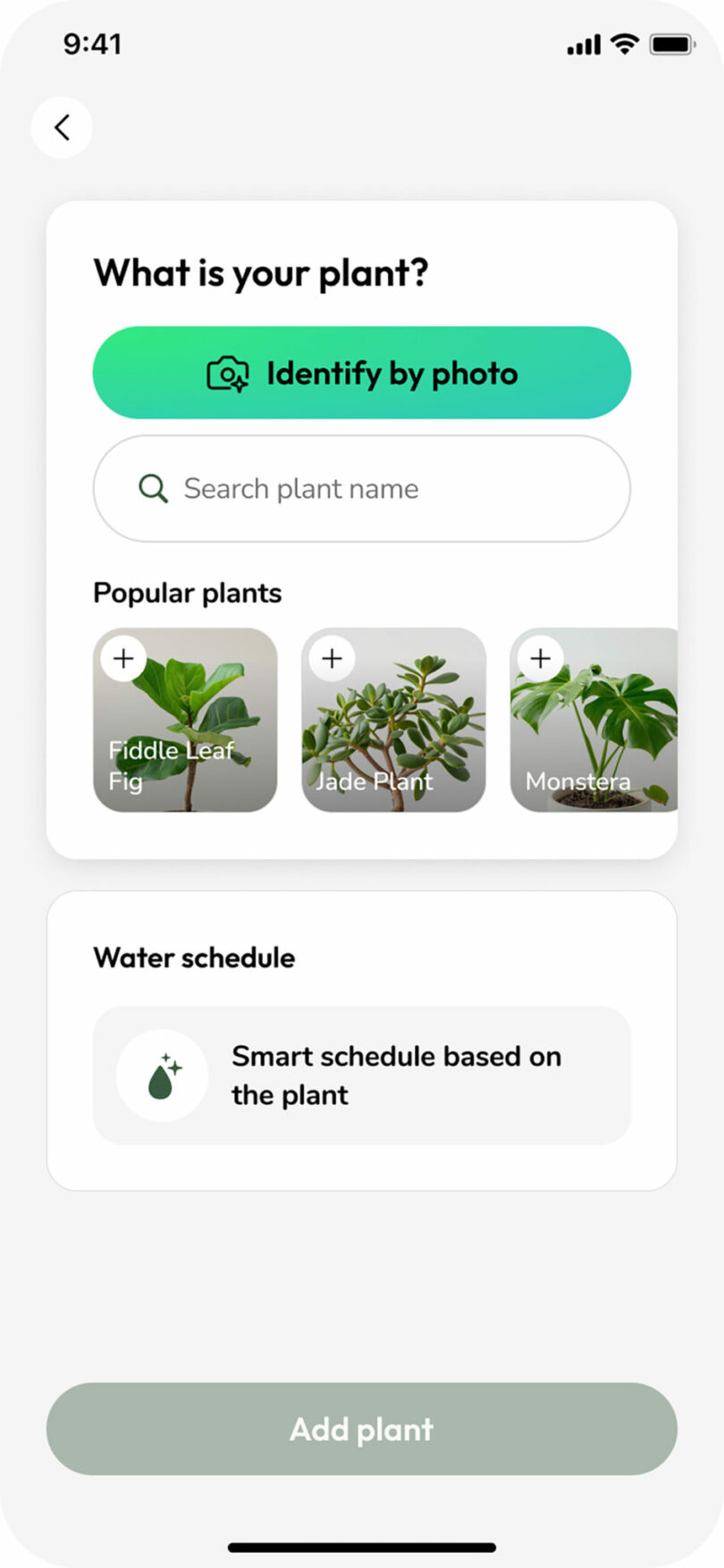 A smartphone screen showing the LeafyPod app interface for plant identification and scheduling.