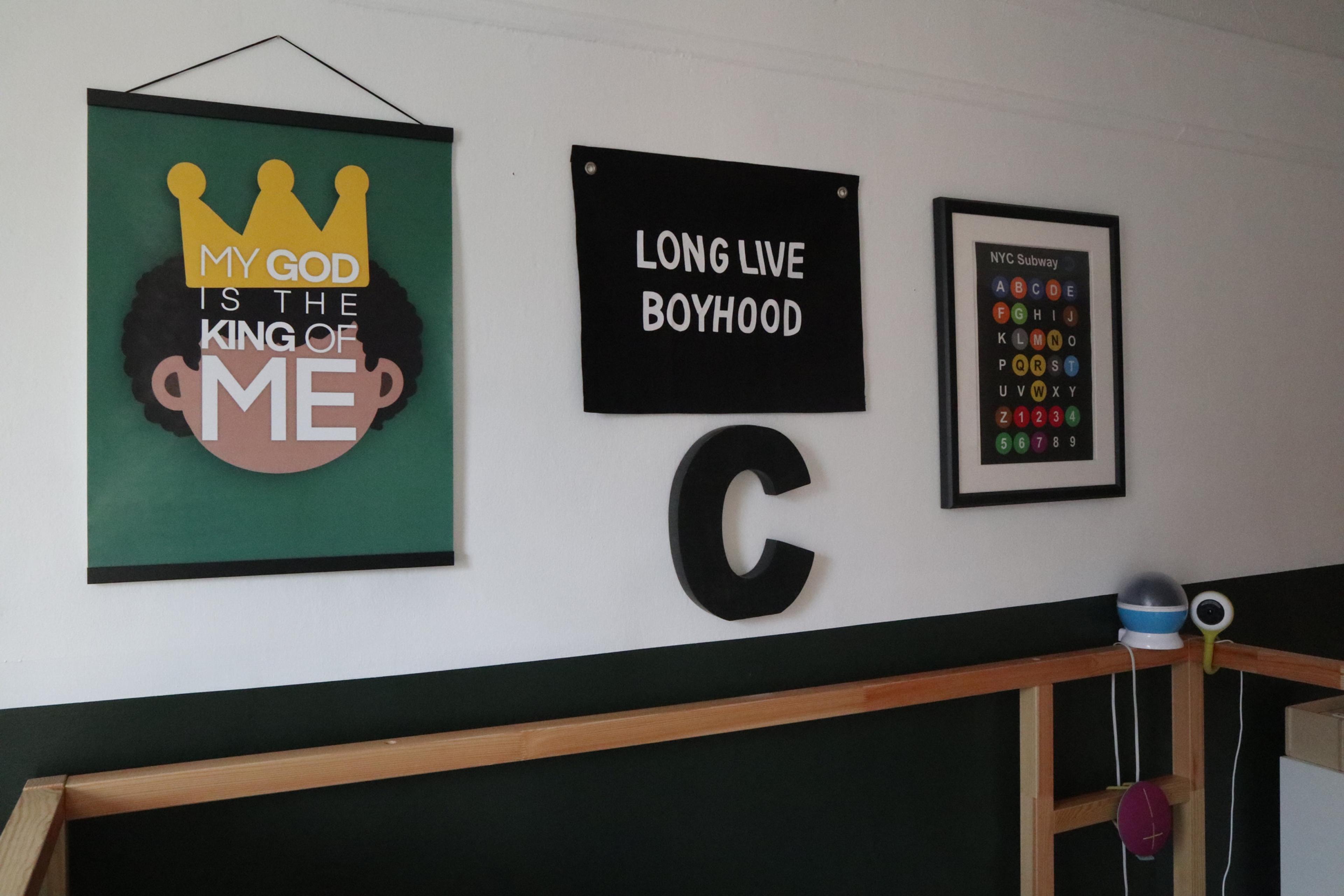 A styled dining room with a gallery wall that complements the surrounding interior design.