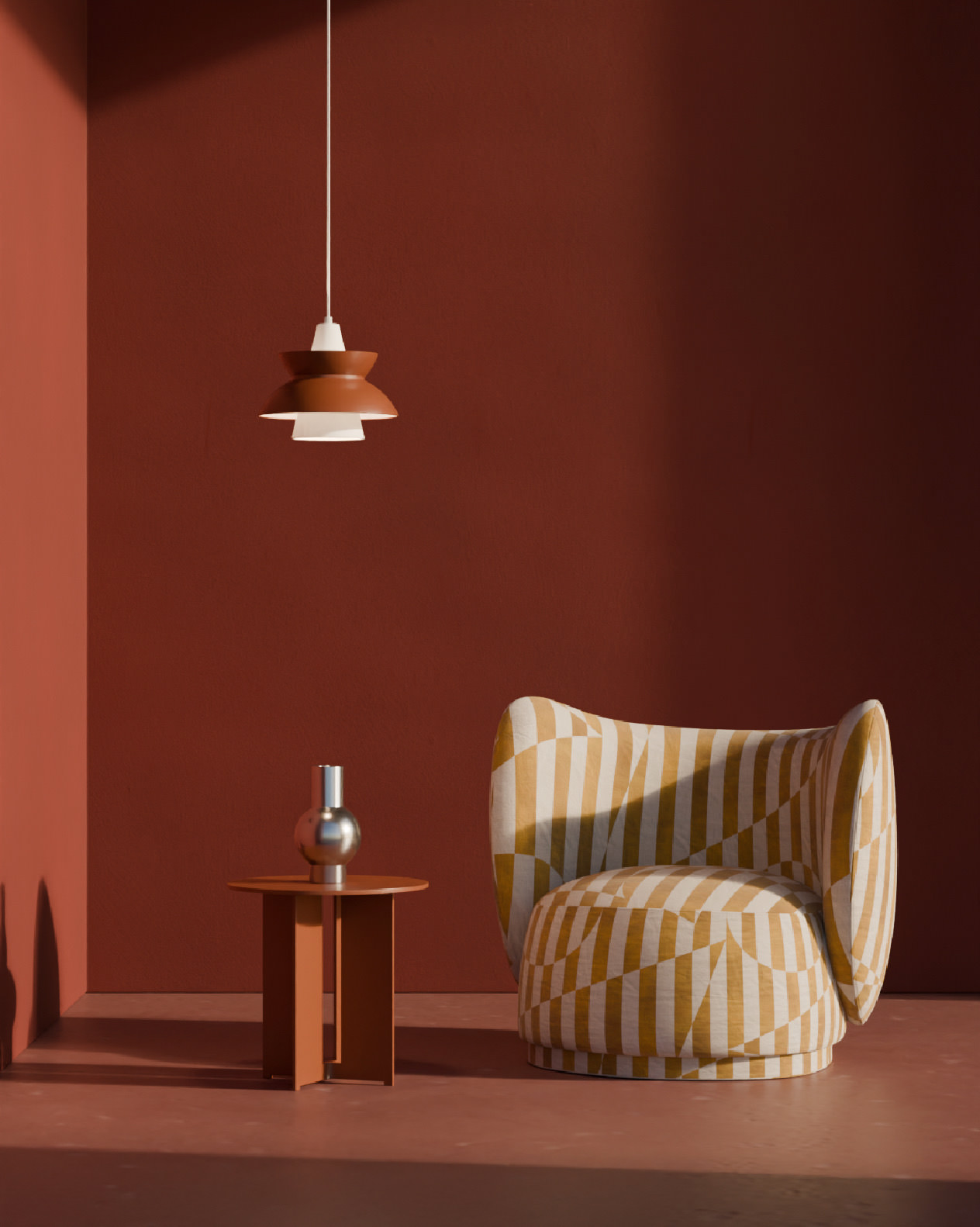 An accent chair featuring the Mystique pattern render, illustrating commercial-grade upholstery application.